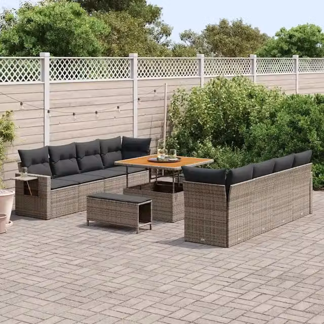 Set Divano da Giardino Moderno vidaXL a Forma a U in Polyrattan Grigio con Cuscini e Tavolino – 1