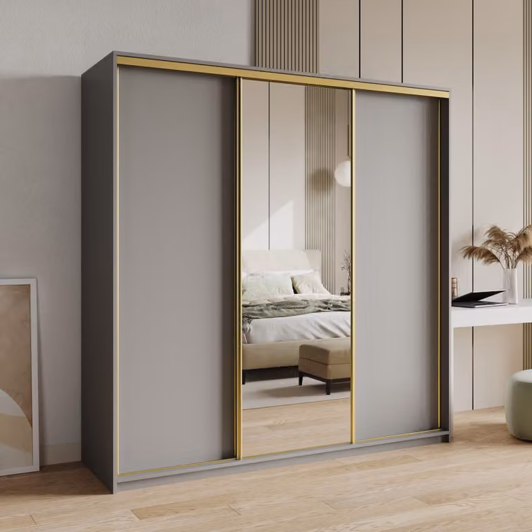 Armadio scorrevole Masseno TAVI 180/205/60 cm Armadio con 4 cassetti Armadio per camera da letto a 3 ante con specchio Colore grafite