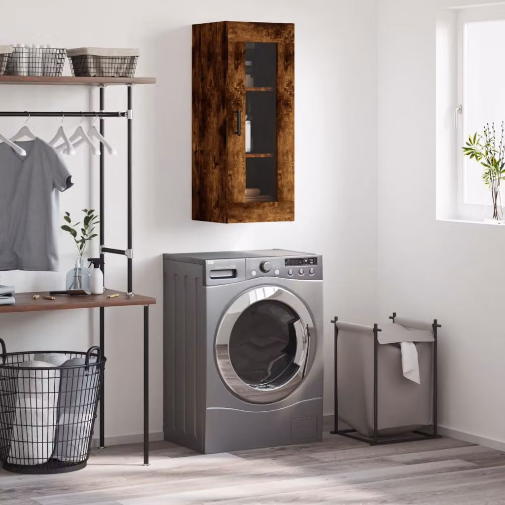 Mobile a parete vidaXL in rovere fumo con ante in vetro e ripiani interni, L/P/H: 34,5 x 34 x 90 cm
