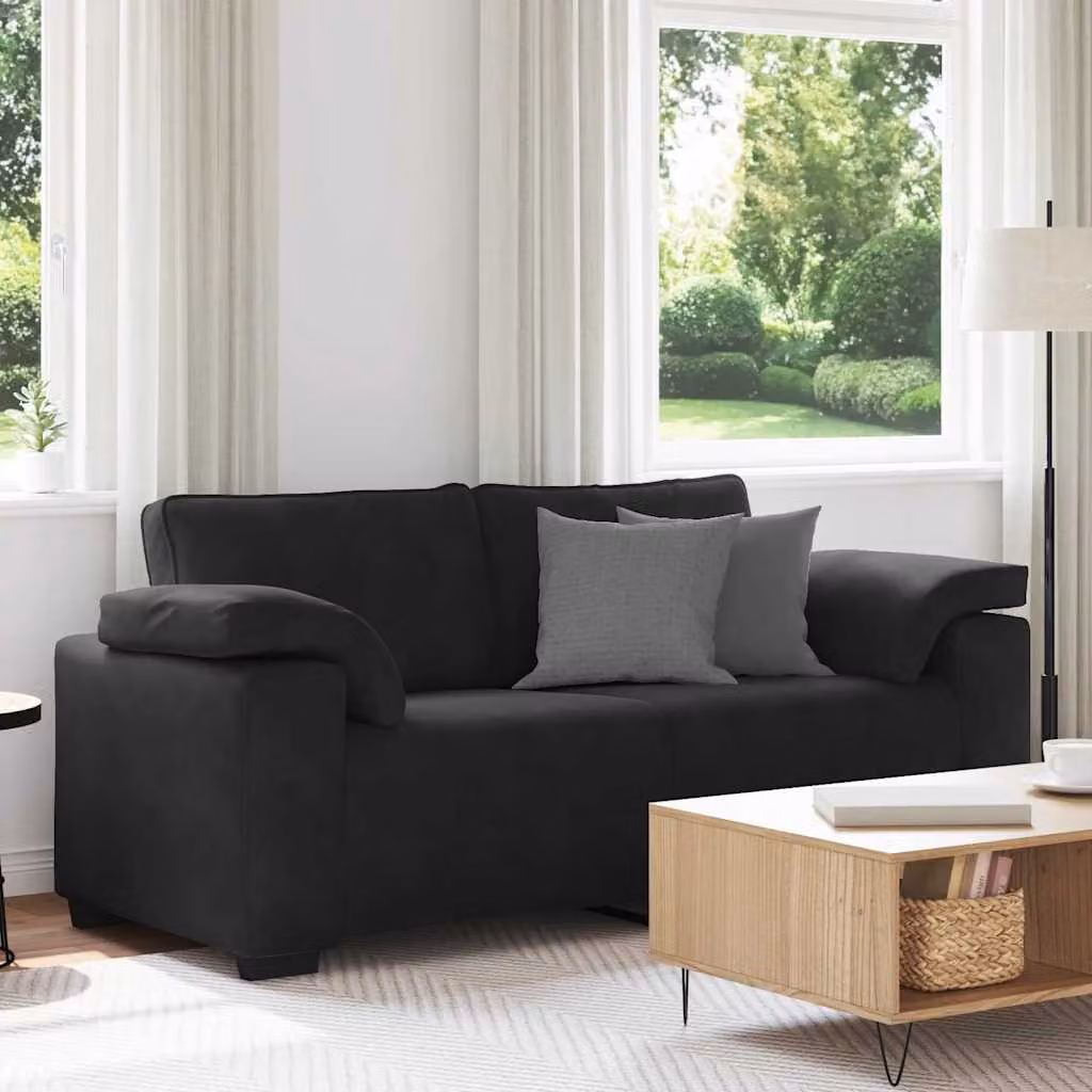 Divano moderno vidaXL in velluto nero con cuscini, L: 180 cm, P: 77 cm, H: 82 cm