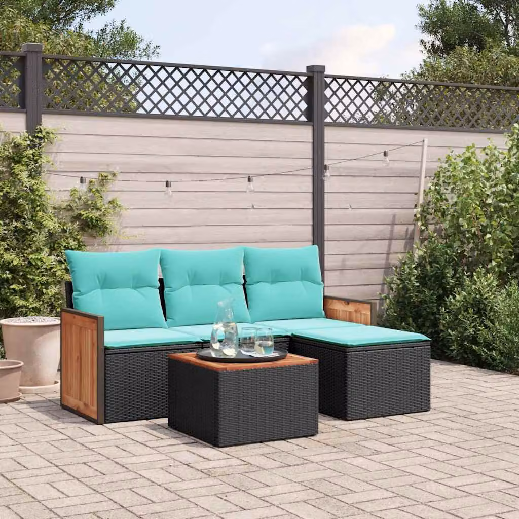 Set Divani da Giardino vidaXL 5 Pezzi in Polyrattan con Cuscini e Tavolino, Design Moderno a L, Colore Nero