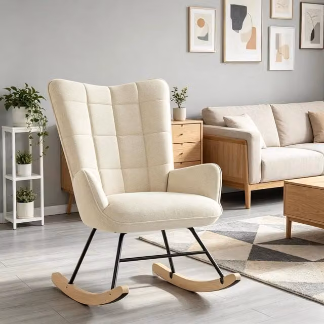 Sedia a dondolo WISHDOR in velluto beige con schienale alto, braccioli e struttura in metallo e legno in stile scandinavo – 1