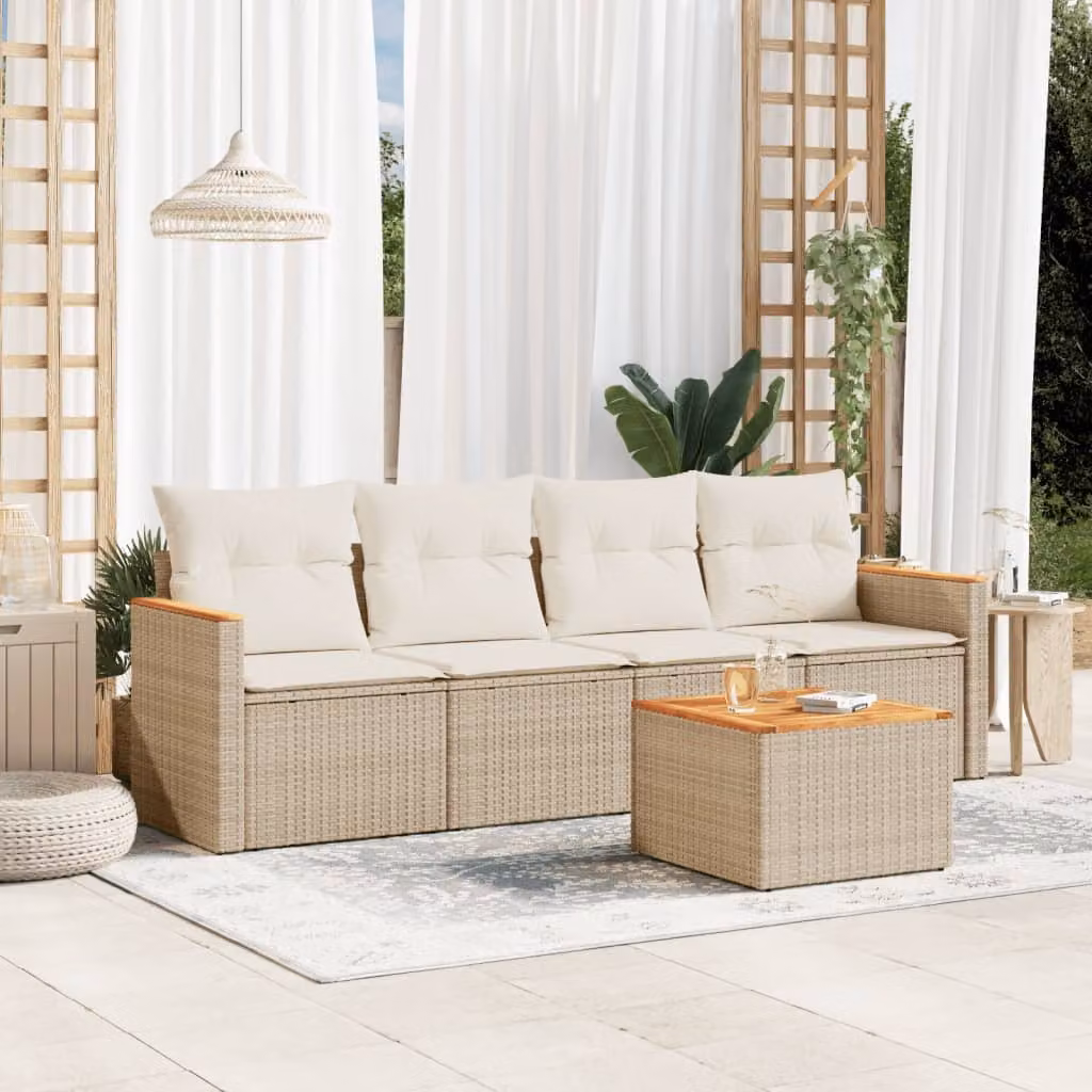 Set Divano da Giardino vidaXL 5 pz con Cuscini Beige e Tavolino in Polyrattan e Acciaio