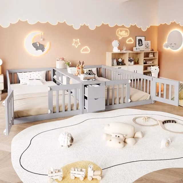 Letto combinato per bambini 90 × 200 cm con ripiano centrale e 2 cassetti, senza materasso, in legno, grigio