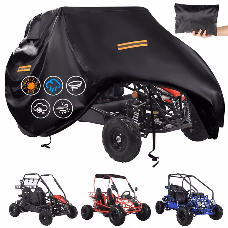 Copertura per go-kart, adatta a 2 posti, realizzata in tessuto Oxford 420D, impermeabile, con dimensioni di 190 cm di lunghezza, 130 cm di larghezza e 130 cm di altezza. Dotata di fessura di ventilazione e strisce riflettenti