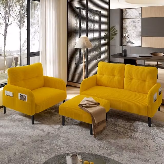Set da 3 pezzi REDOM composto da divano a 2 posti, poltrona e pouf in velluto a coste giallo, L/P/H: 120 x 75 x 79 cm