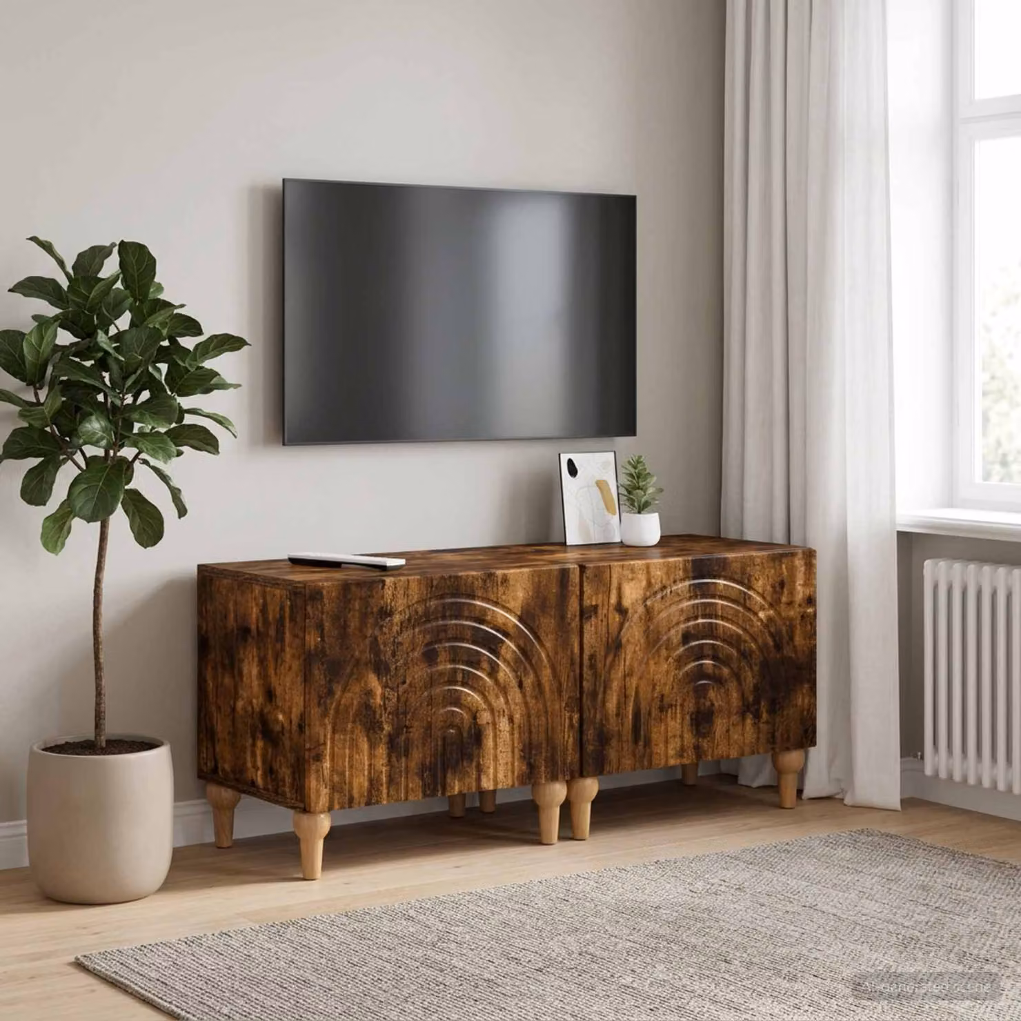 Mobile TV vidaXL in legno ingegnerizzato Rovere Fumo marrone con ruote e scomparti multimediali L/P/H: 98,0 x 35,0 x 43,0 cm