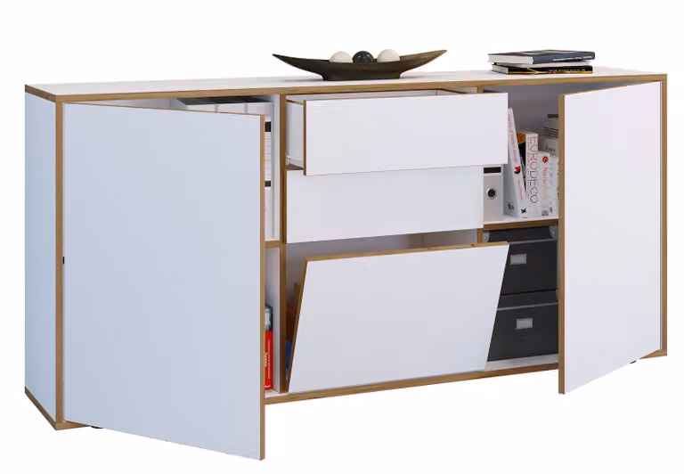 Cassettiera in legno | Tavolino con ante girevoli, cassetti e lembo | Mobili da ufficio | Dimensioni ca. H. 74 x W. 160 x D. 33cm - Salia