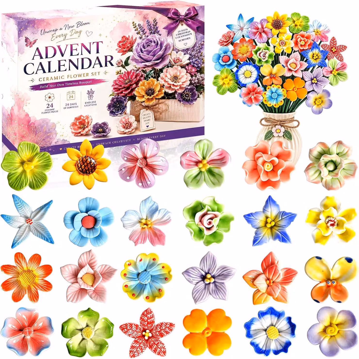 Calendario dell'Avvento 2026 per ragazze: calendario di Natale con fiori in Vetroceramica, 24 giorni pieni di sorprese per donne adulte