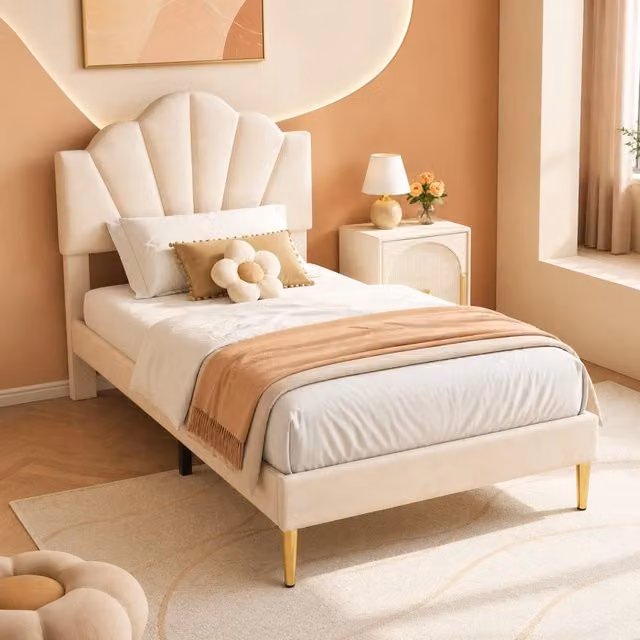 Letto Imbottito REDOM in Velluto Beige e Oro con Testiera Regolabile L/P/H: 90 x 200 cm