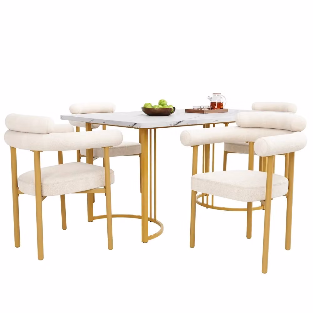 Set tavolo da pranzo e 4 sedie Minimal in velluto crema con gambe in metallo oro e piano rettangolare bianco lucido L/P/H: 140 x 80 x 75 cm – 2