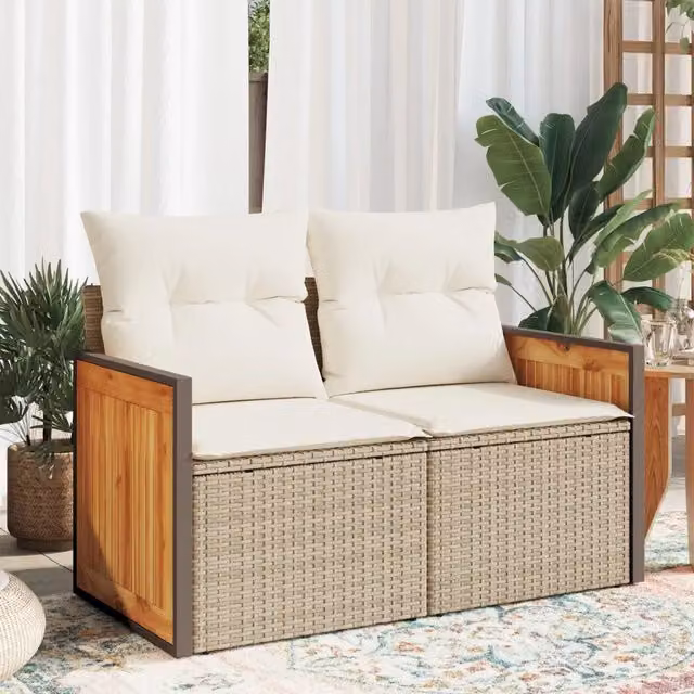 Divano da giardino a 2 posti vidaXL in polyrattan con cuscini beige e struttura in legno di acacia