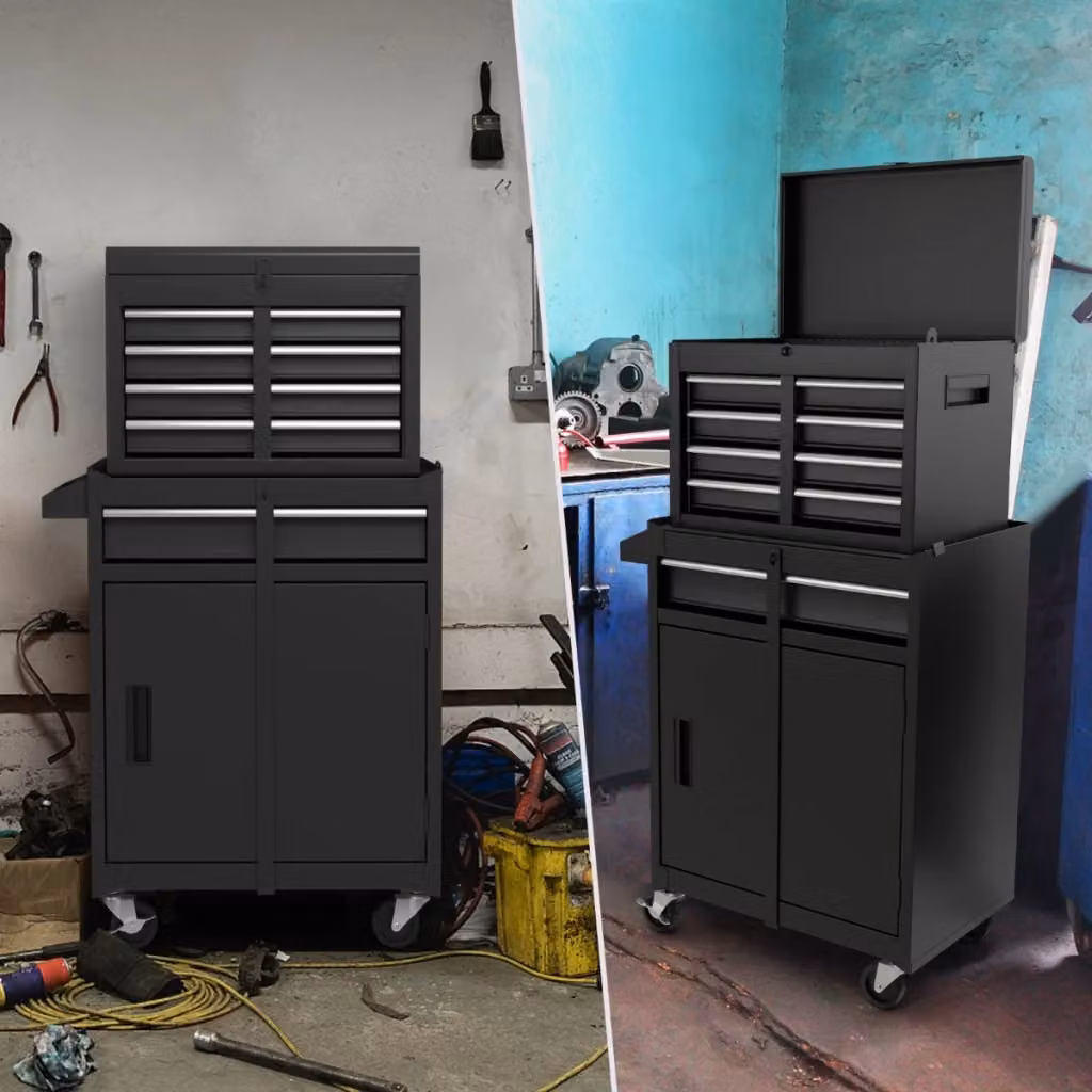 Cassettiera portautensili con 5 cassetti e carrello organizzatore a 3 strati con ruote, nero, in metallo e plastica, con serratura – 2