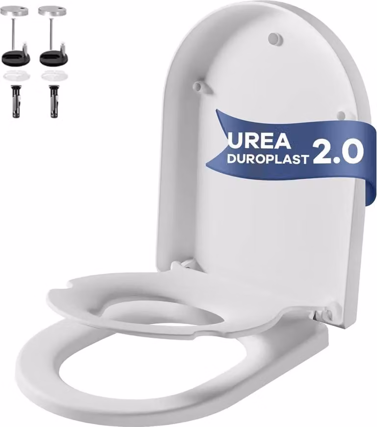 Sedile WC - Forma a D - Chiusura rapida - Chiusura ammortizzata - Sedile per bambini integrato - Facile da pulire - Bianco