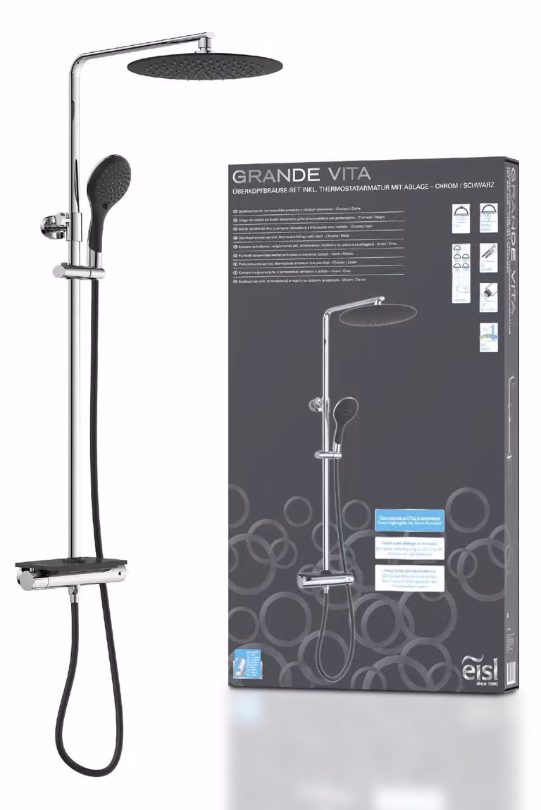 Sistema doccia Grande Vita, doccia a pioggia 30x30 cm, termostatico, colore nero