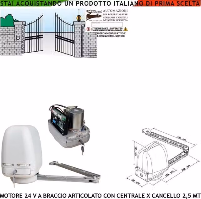 BRACCIO ARTICOLATO MOTORE 220/24 V CON CENTRALE CANCELLO AUTOMATICO 1/2 ANTE BATTENTI DA 0,5 FINO A 2,5 MT RICAMBIO UNIVERSALE SPINTA 250 NM
