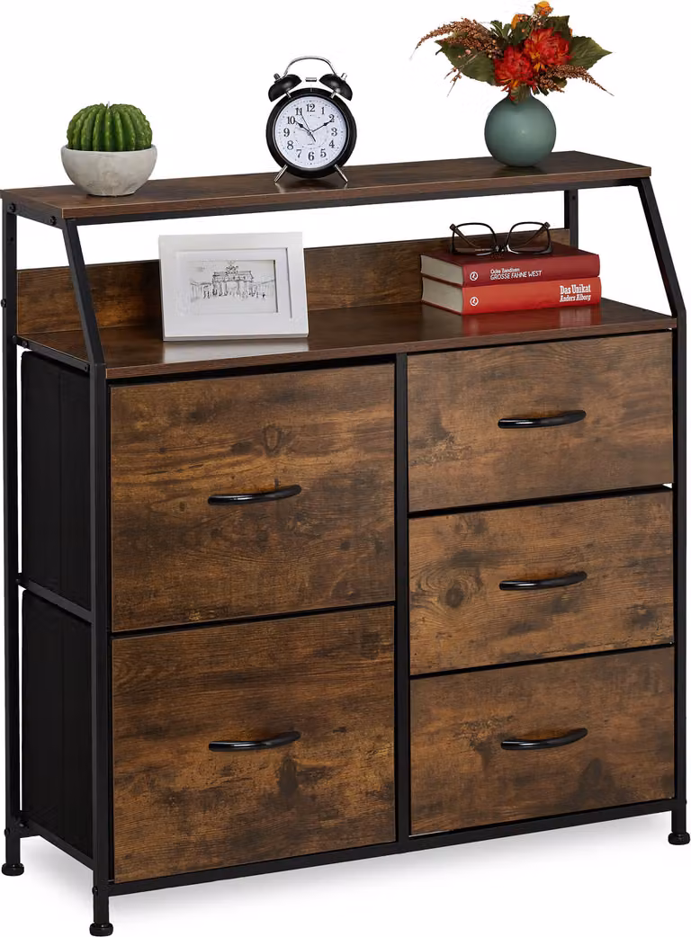 Comodino Relaxdays, 5 cassetti, 2 ripiani, libri e decorazioni, comodino con scaffali in stile industriale, A x L x P: 87 x 84 x 32 cm, marrone/nero