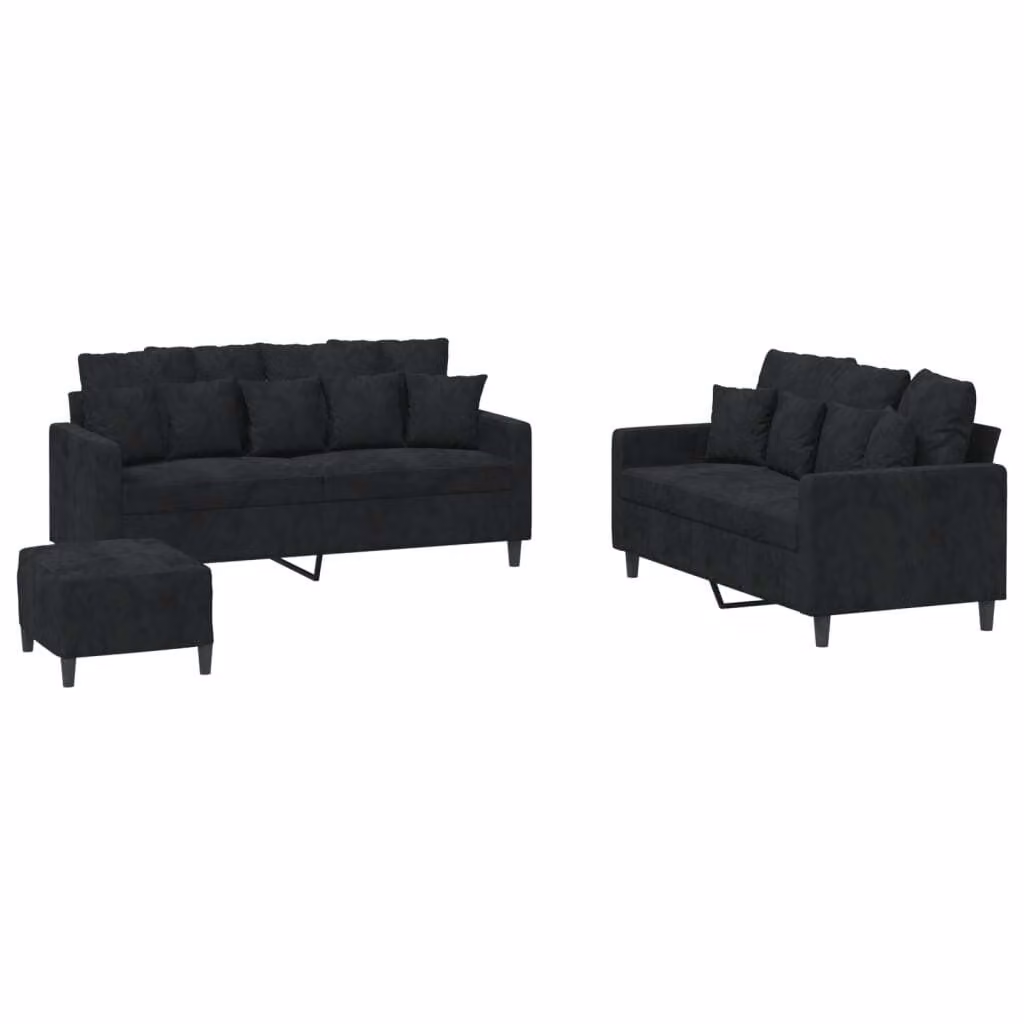 Set di Divani 3 pz con Cuscini Nero in Velluto