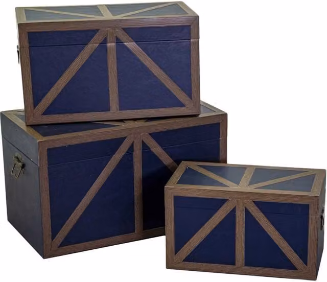 Set 3 Bauli Rettangolari in Similpelle e Legno Blu