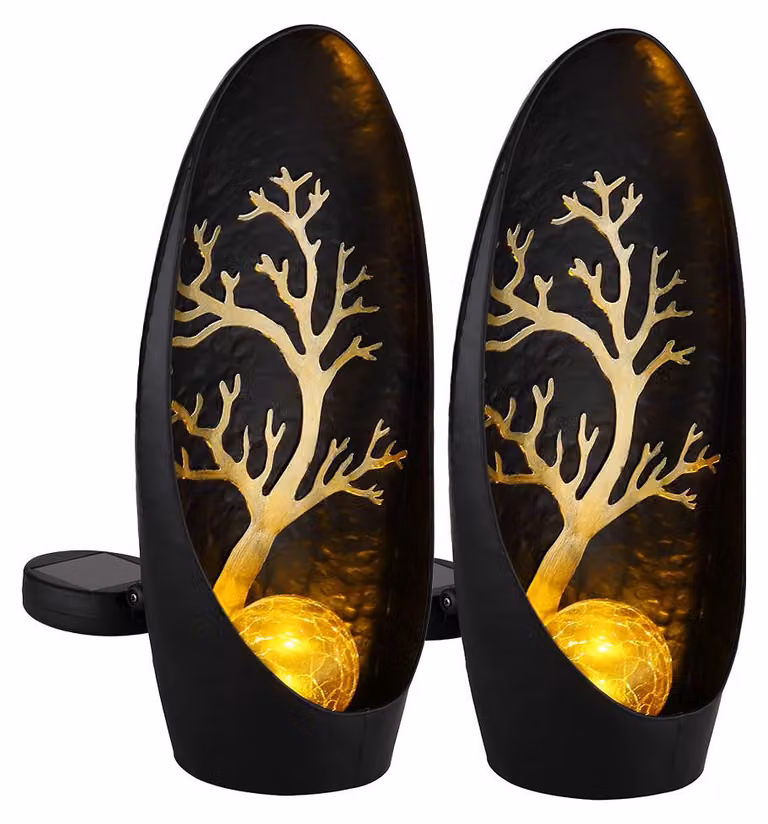 set di 2 luci solari a LED, albero, nero, batteria ricaricabile, H 30 cm