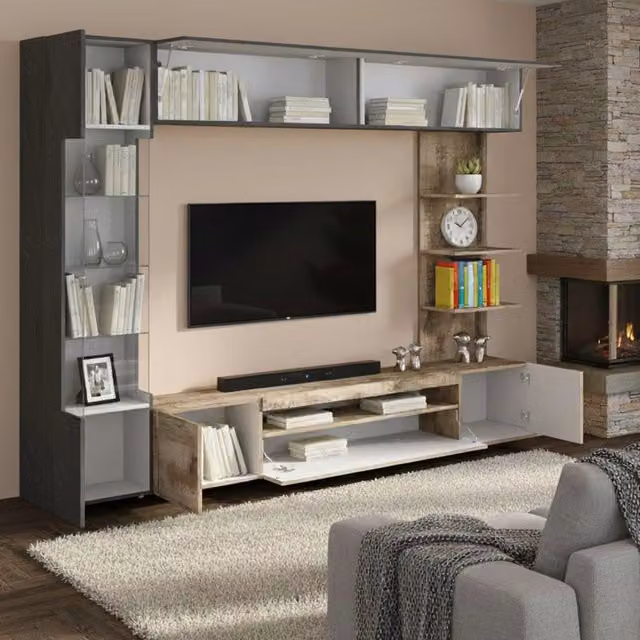 Parete Attrezzata Galatina DMORA con 8 Ripiani, Colore Marrone e Grigio, L: 245 cm, P: 40 cm, H: 191.2 cm