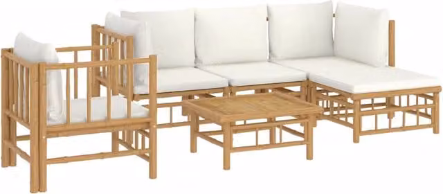 Set di mobili da giardino Outsunny in bambù con cuscini bianchi e beige, composizione a L con 6 pezzi per esterno