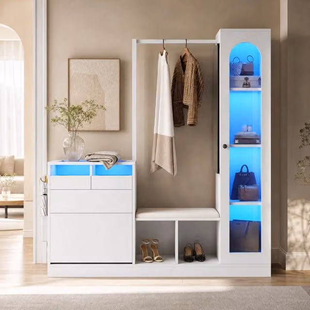 Mobile da ingresso moderno bianco con specchio, illuminazione LED integrata e seduta, H: 161.0 cm, L: 100.0 cm, P: 33.2 cm