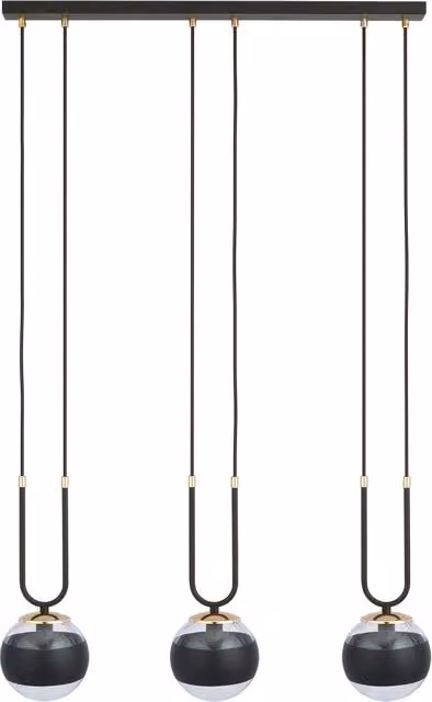 Lampadario a sospensione Emibig Glam 3 in metallo e vetro nero e oro con paralumi trasparenti, dimmerabile, per soggiorno e cucina