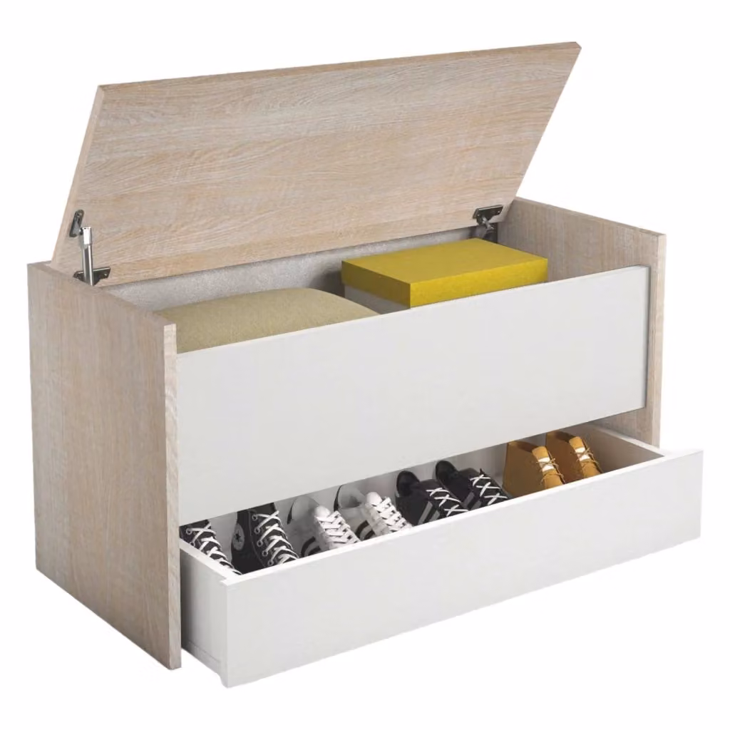 Cassapanca Sogno DMORA, Mobile da ingresso moderno con scarpiera e due contenitori, Bianco e Rovere, L: 90 cm, P: 40 cm, H: 46 cm – 2