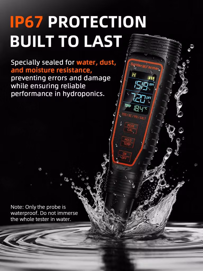 Set di misuratori idroponici 5 in 1 - SF-PH-Meter - PH/EC/TDS/Sali/Temperatura - Impermeabile IP67 - Display digitale - PH 0–14, temperatura 0–60 °C - Nero