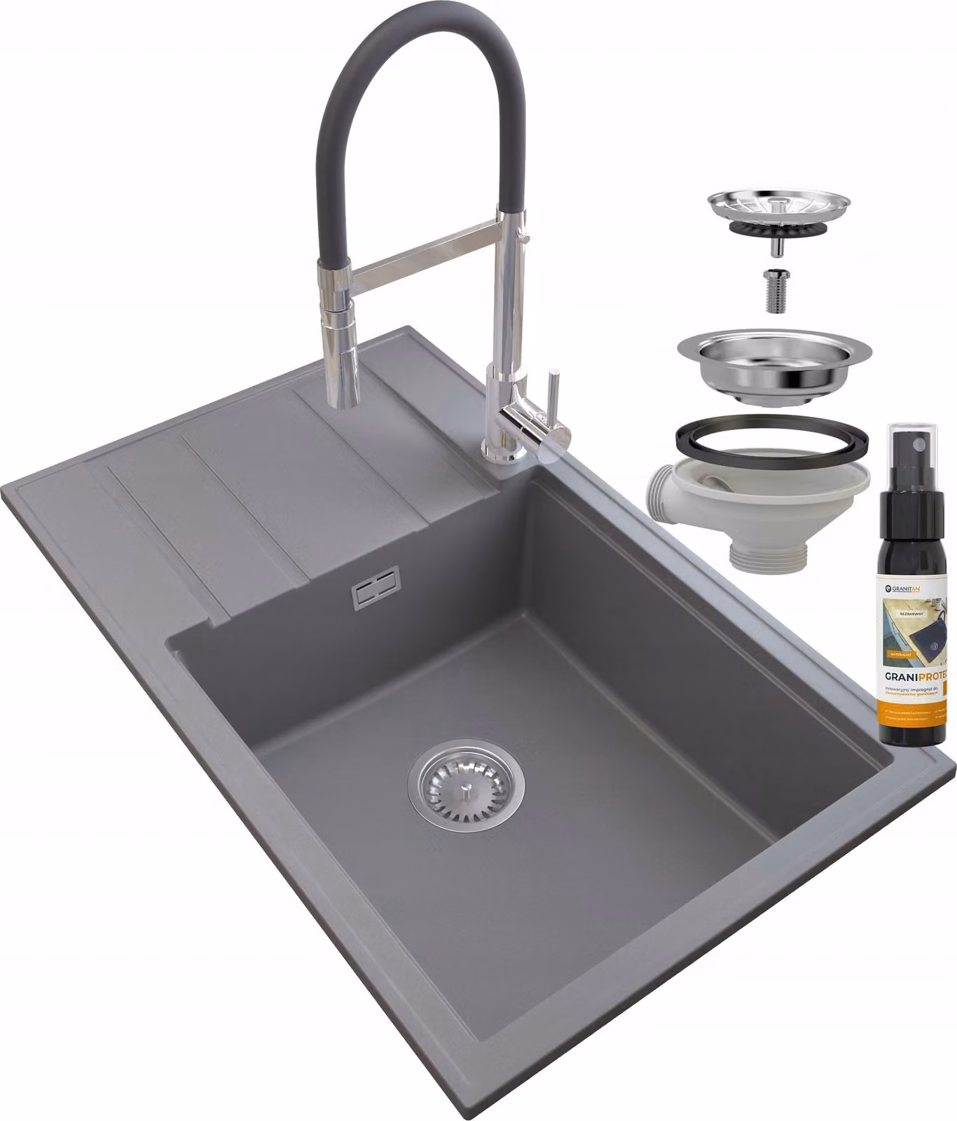 Granitan - Lavello in granito - Lavello da cucina - 80x50 cm - Grigio - con rubinetteria VENTO e scolapiatti - LOUIS