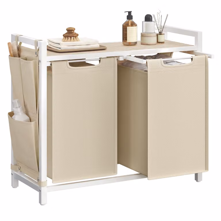 Cesto Portabiancheria con Piano Portaoggetti e Sacco Rimovibile, Beige Chiaro + Legno Chiaro / 2 x 46 L