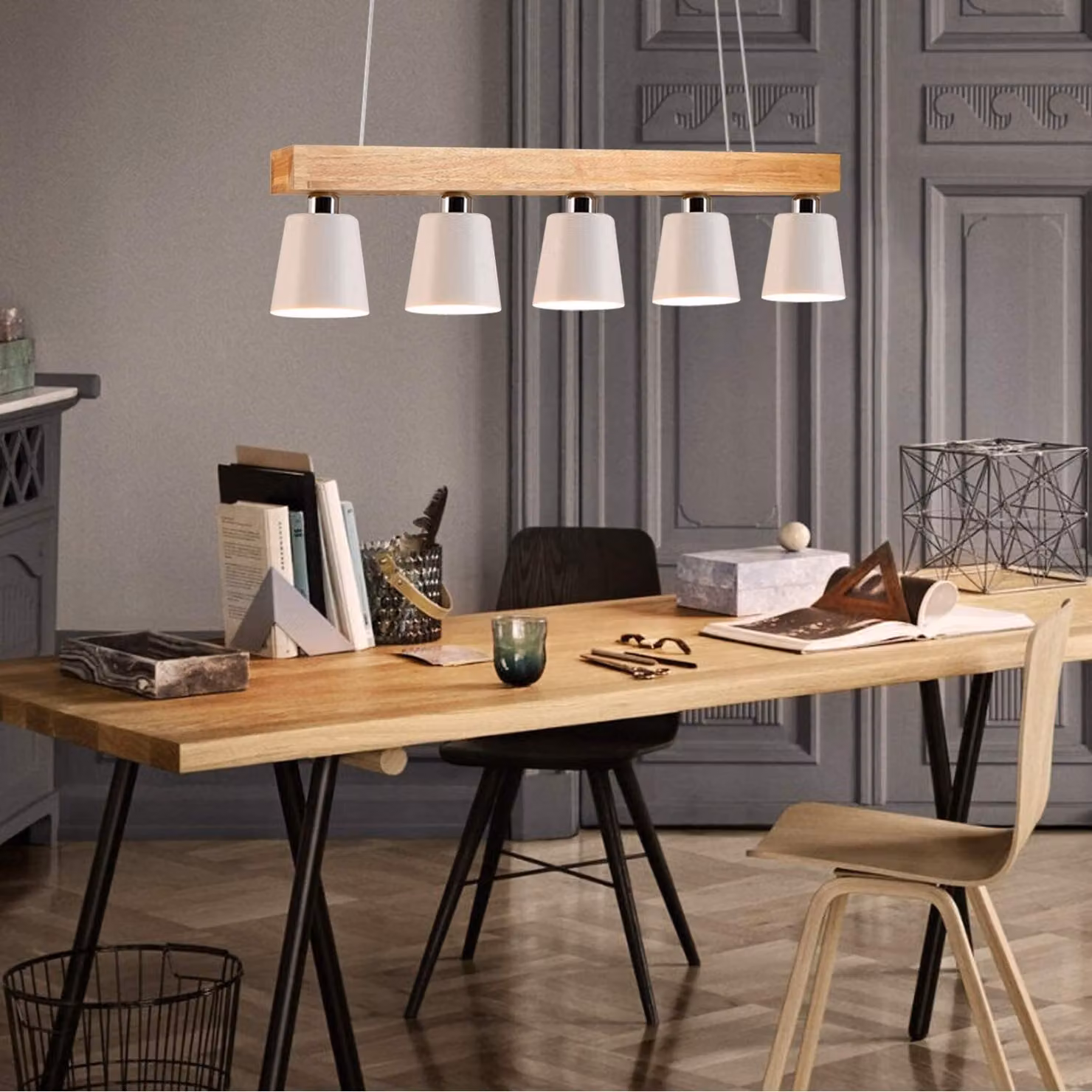 ZMH lampada a sospensione legno bianco 5 fiamme E27 lampada a sospensione100CM altezza regolabile rustico metallo tavolo da pranzo lampada a sospensione moderna (lampadina inclusa)