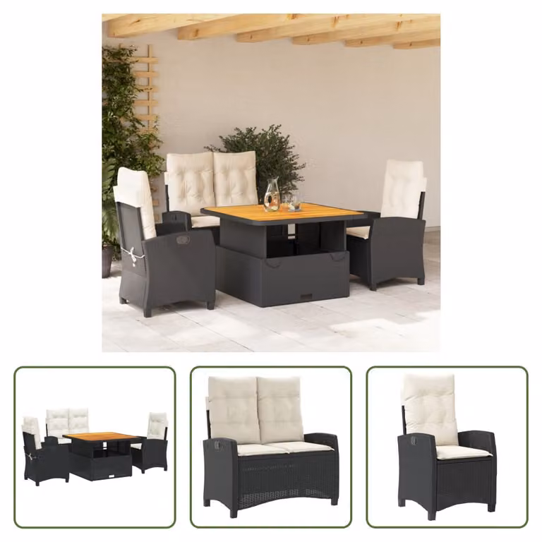 The Living Store Set da pranzo da giardino 4 pezzi con cuscini in poly rattan nero