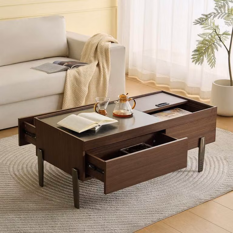 Tavolino moderno con cassetti e piano in vetro - Design in legno marrone scuro, venature del legno in aspetto marmoreo, gambe in metallo e ampio spazio di archiviazione per il soggiorno