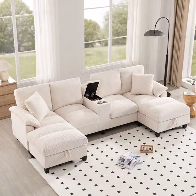 Divano a U 4 posti con contenitore e USB; velluto a coste; beige