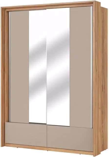 Armadio Meublorama moderno con 2 ante con specchio, 2 cassetti interni, appendiabiti e 5 ripiani, colori rovere e beige, L: 159 cm, P: 63 cm, H: 219 cm