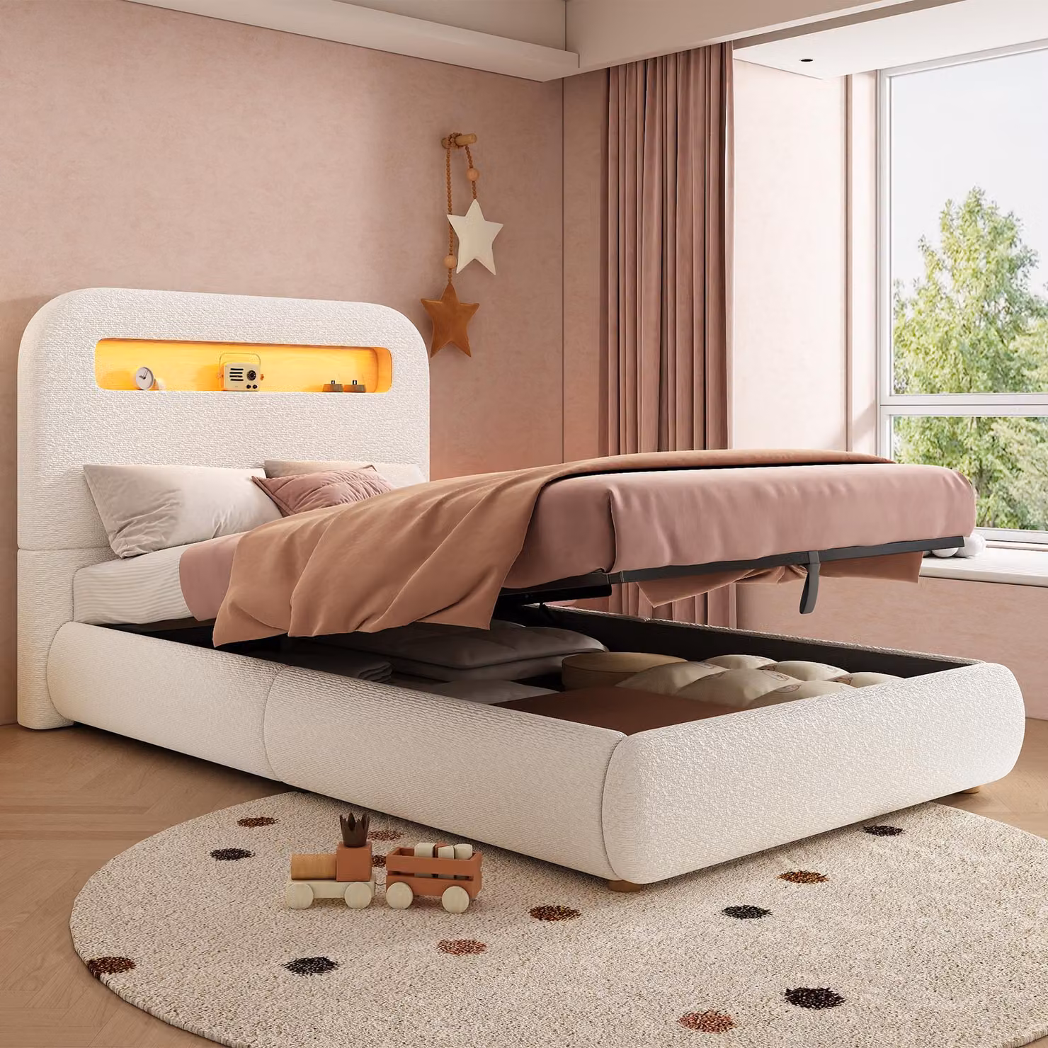 Letto matrimoniale idraulico Merax 90x200 cm con illuminazione a LED, letto singolo per bambini con spazio contenitore, letto multifunzione con rete a doghe, tessuto bouclé, colore bianco