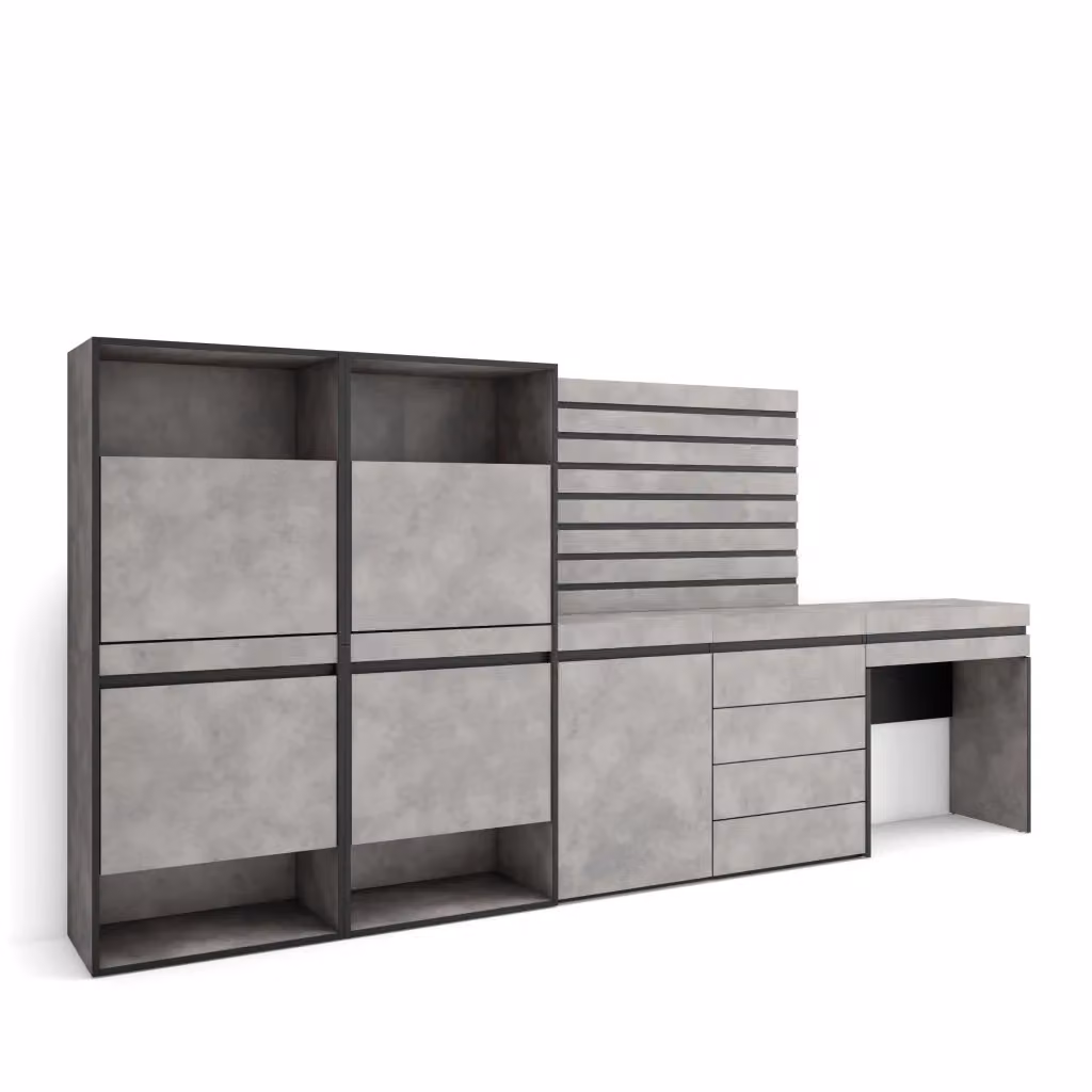 Scarpiera moderna SKRAUT HOME con cassettiera e ante a battente, grigio e nero, L: 297 cm, P: 35 cm, H: 145 cm – 2