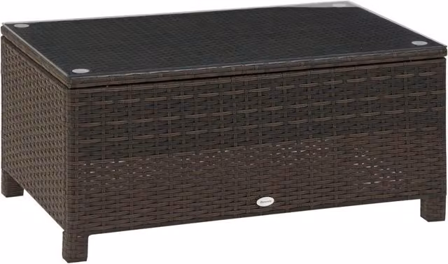Tavolino da giardino moderno Xylo in rattan marrone con piano in vetro temperato L: 85 cm, P: 50 cm, H: 39 cm