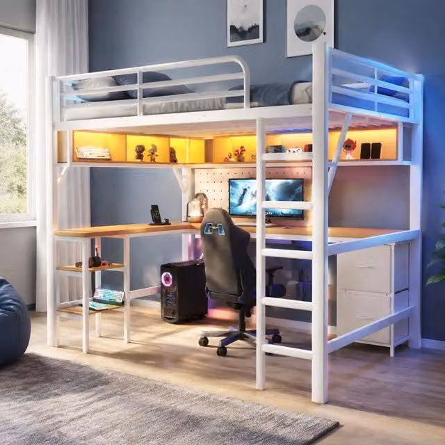 Letto a soppalco MIVRAY bianco con scrivania, libreria, cassetti, illuminazione LED e porta di ricarica USB in MDF e metallo, L/P/H: 204 x 140 x 180 cm – 1