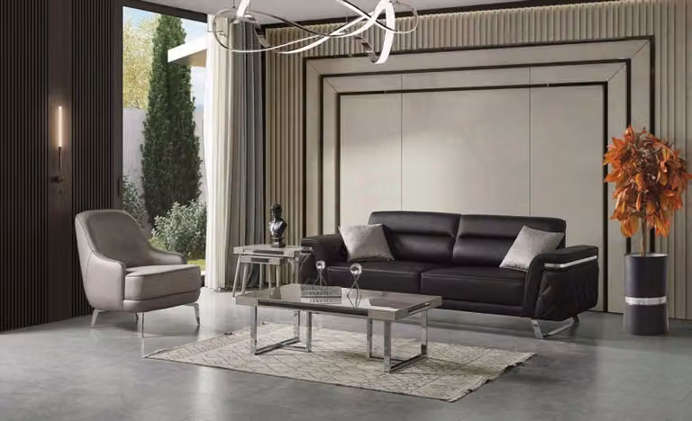 Divano moderno a 3 posti e poltrona coordinata, set nero e beige, rivestimento in tessuto, struttura in metallo