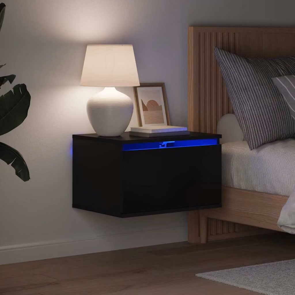 Set di 2 comodini da parete vidaXL con luci LED integrate, colore nero opaco