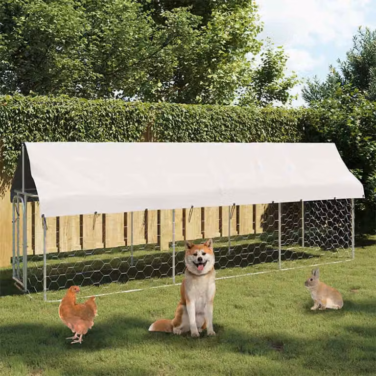 vidaXL Gabbia per Cani da Esterno con Tetto, Metallo, Argento e Bianco, L 400 cm x P 100 cm x H 150 cm