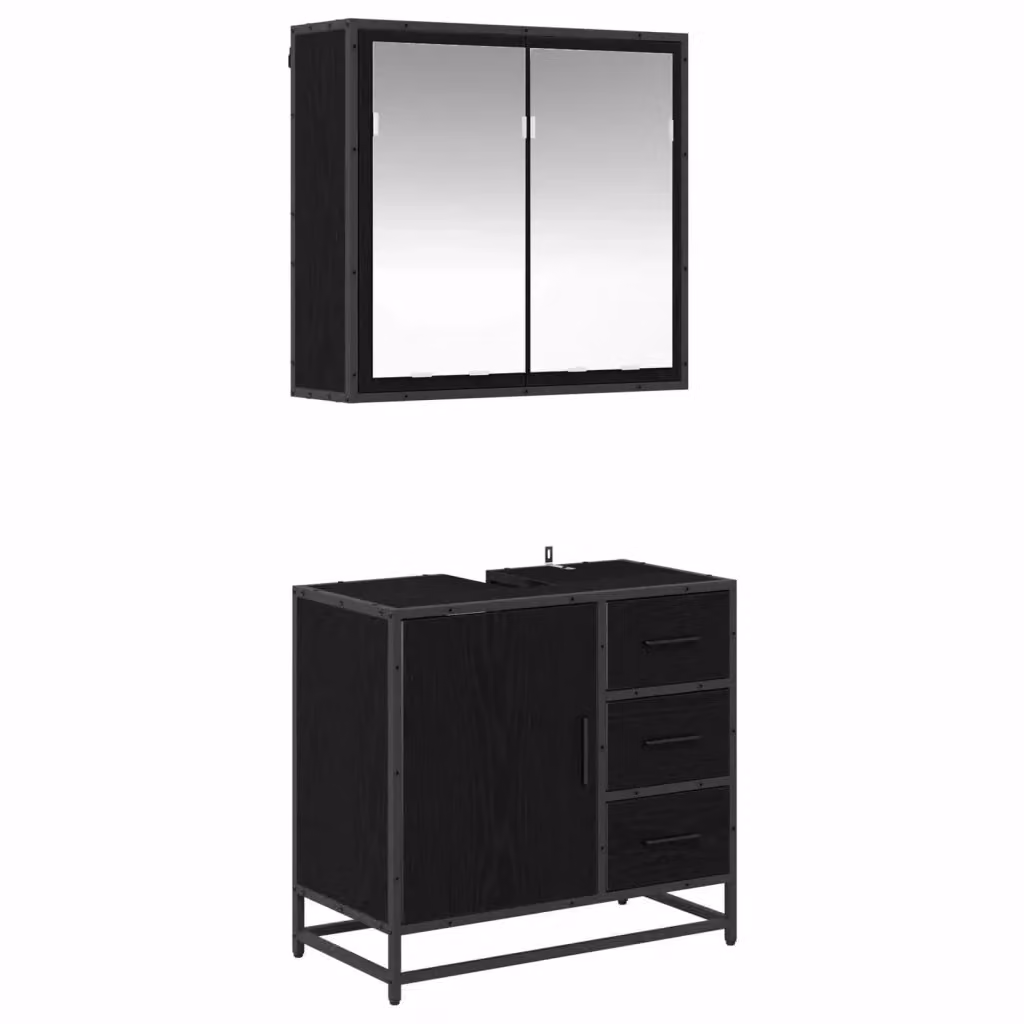 Set di mobili per il bagno moderno vidaXL composto da mobile lavabo e armadietto con specchio, colore nero opaco, L: 65 cm, P: 33 cm, H: 60 cm – 2