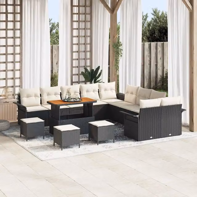 Set Divano da Giardino Moderno vidaXL a Forma a U con 14 Pezzi, Nero e Beige