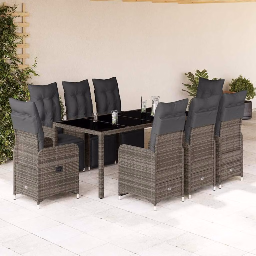 Set Bistrò da Giardino vidaXL 9 pz in Polyrattan e Metallo con Cuscini e Piano in Vetro Grigio