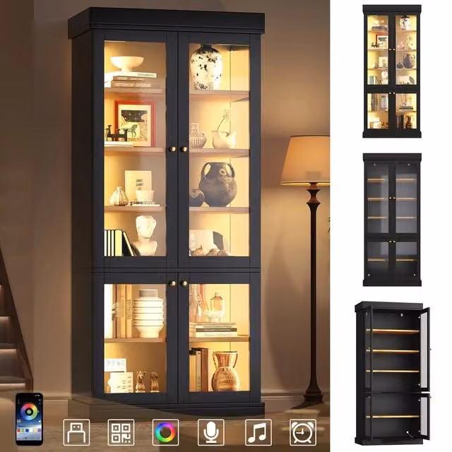 Armadio alto a vetrina ¨C Minimal ¨C Nero, con luci LED interne, protezione anti ribaltamento, multiuso per casa