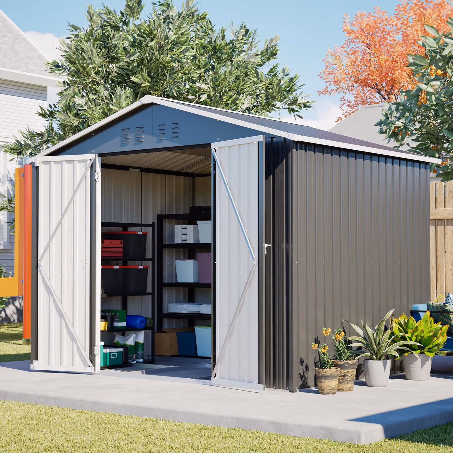 Capanno da giardino in metallo, modello capanno per attrezzi, dimensioni 240x192,3x191 cm, porta scorrevole, 4 prese d'aria, con serratura. Colore: nero