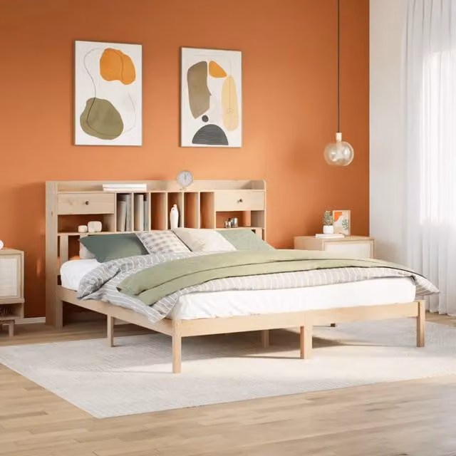 Letto Libreria vidaXL in Legno di Pino Naturale con Ripiani Laterali L/P/H: 228.5 x 180 x 200 cm – 1